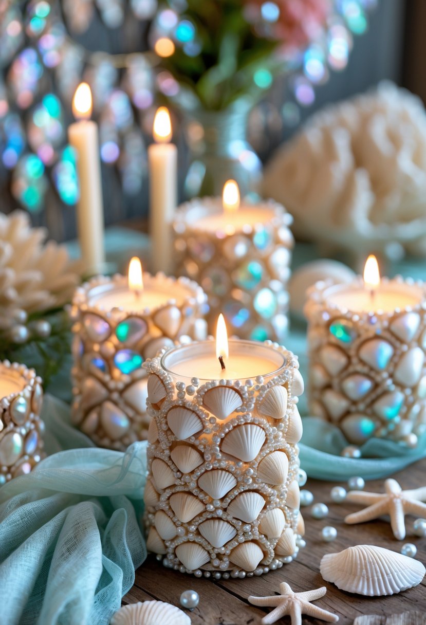 A table displaying seashell-covered candle holders with lit candles surrounded by mermaid-themed decorations and soft fabrics.