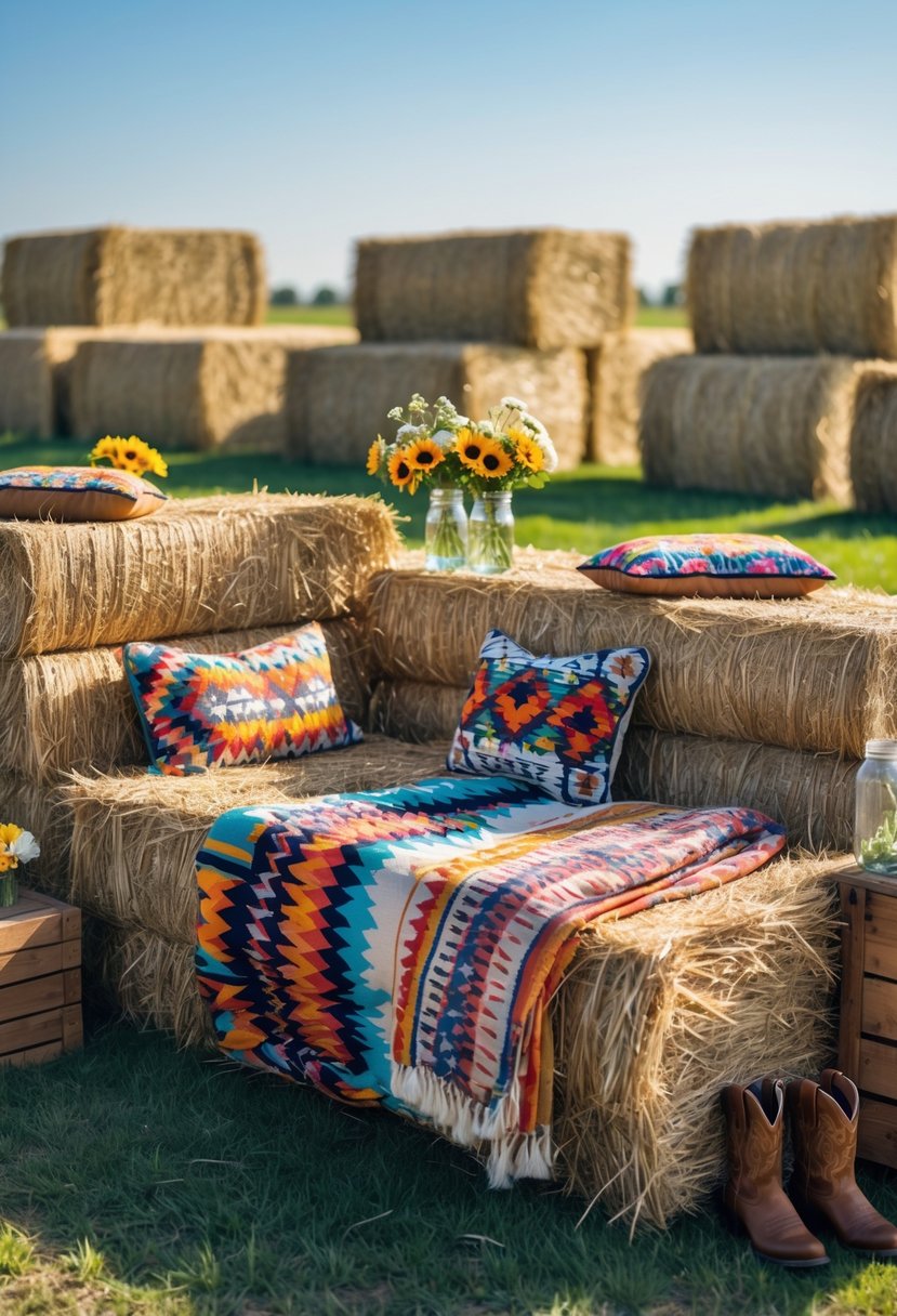 Outdoor hay bale seating area decorated with cushions, blankets, and rustic cowgirl accessories in a sunny field.