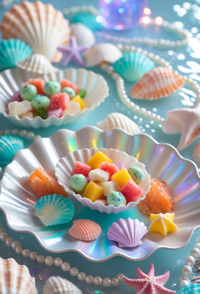 Clamshell serving plates filled with colorful snacks surrounded by seashells, starfish, pearls, and pastel coral decorations.