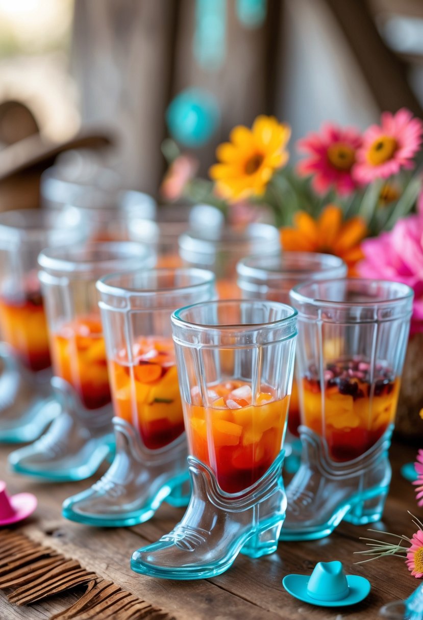 A group of cowboy boot-shaped shot glasses filled with colorful drinks on a wooden table surrounded by cowgirl party decorations.