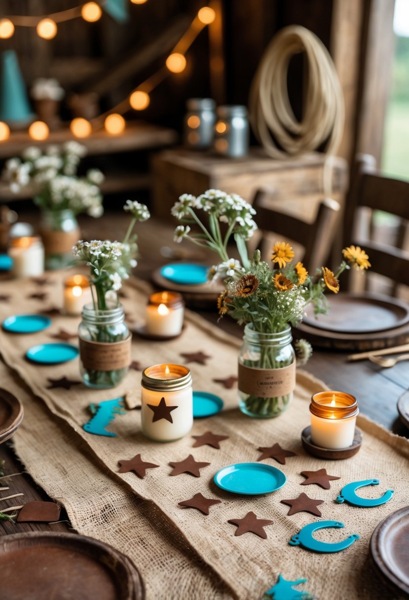 A table decorated with Western-themed confetti, wildflowers in jars, candles, and rustic wooden elements for a cowgirl bachelorette party.