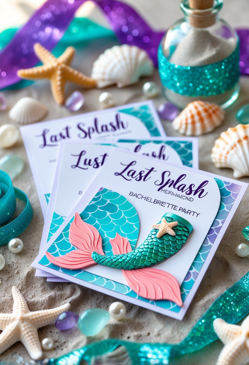 A set of mermaid-themed bachelorette party invitations surrounded by seashells, starfish, pearls, and ocean-inspired decorations on a sandy surface.