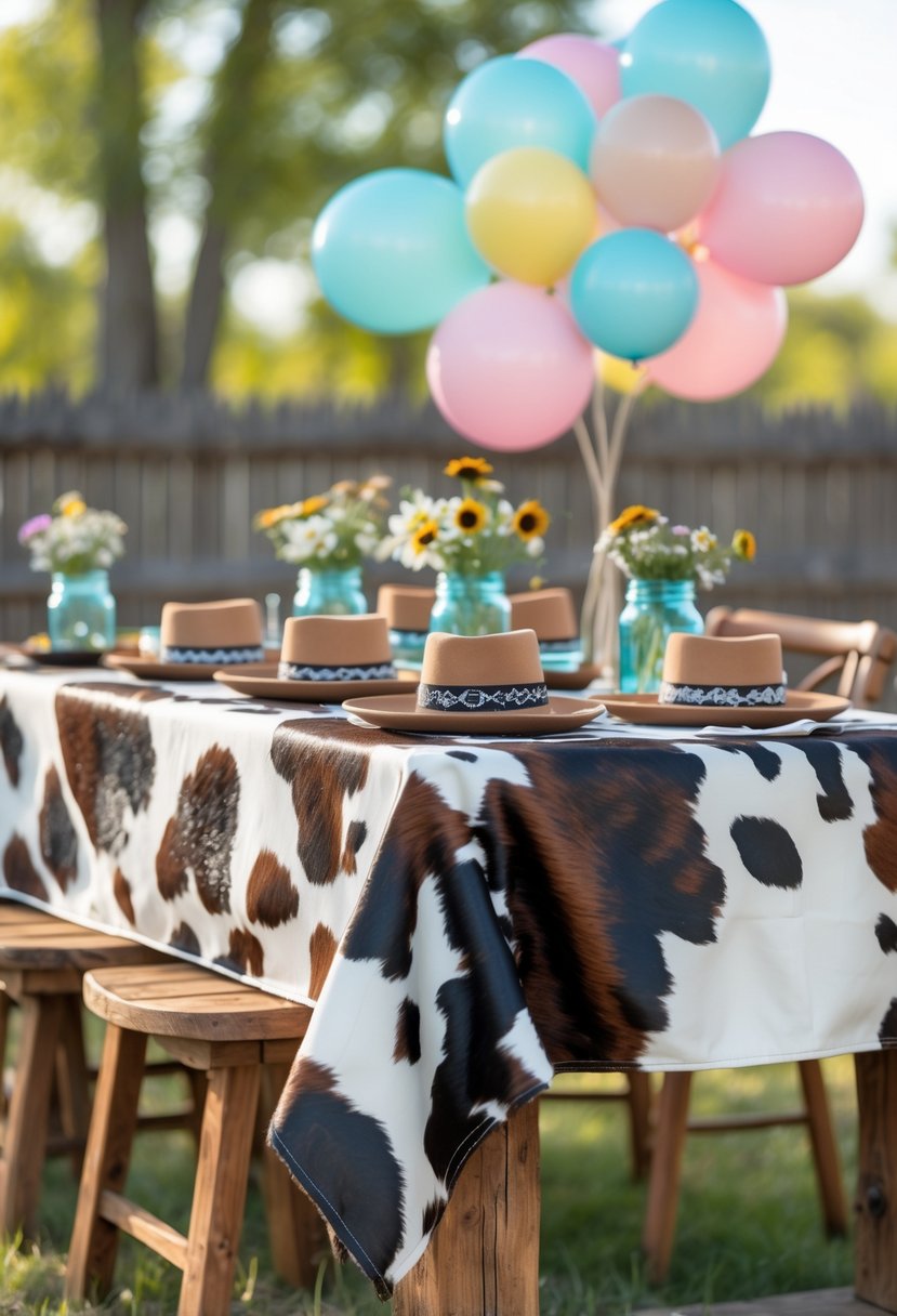 A rustic wooden table outdoors covered with a cowhide print tablecloth and decorated with wildflowers, cowboy hats, and balloons for a bachelorette party.