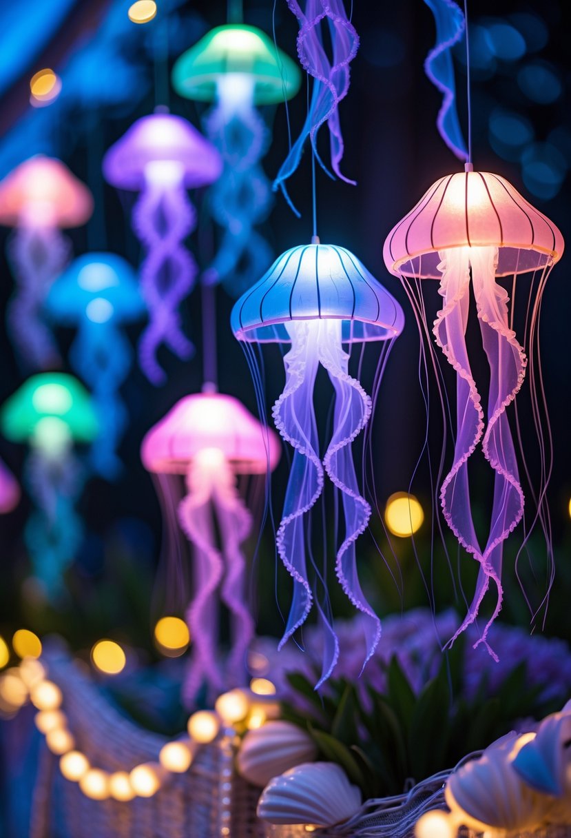 Color-changing LED jellyfish lanterns glowing in blue, purple, pink, and green, hanging with mermaid-themed decorations in an evening setting.