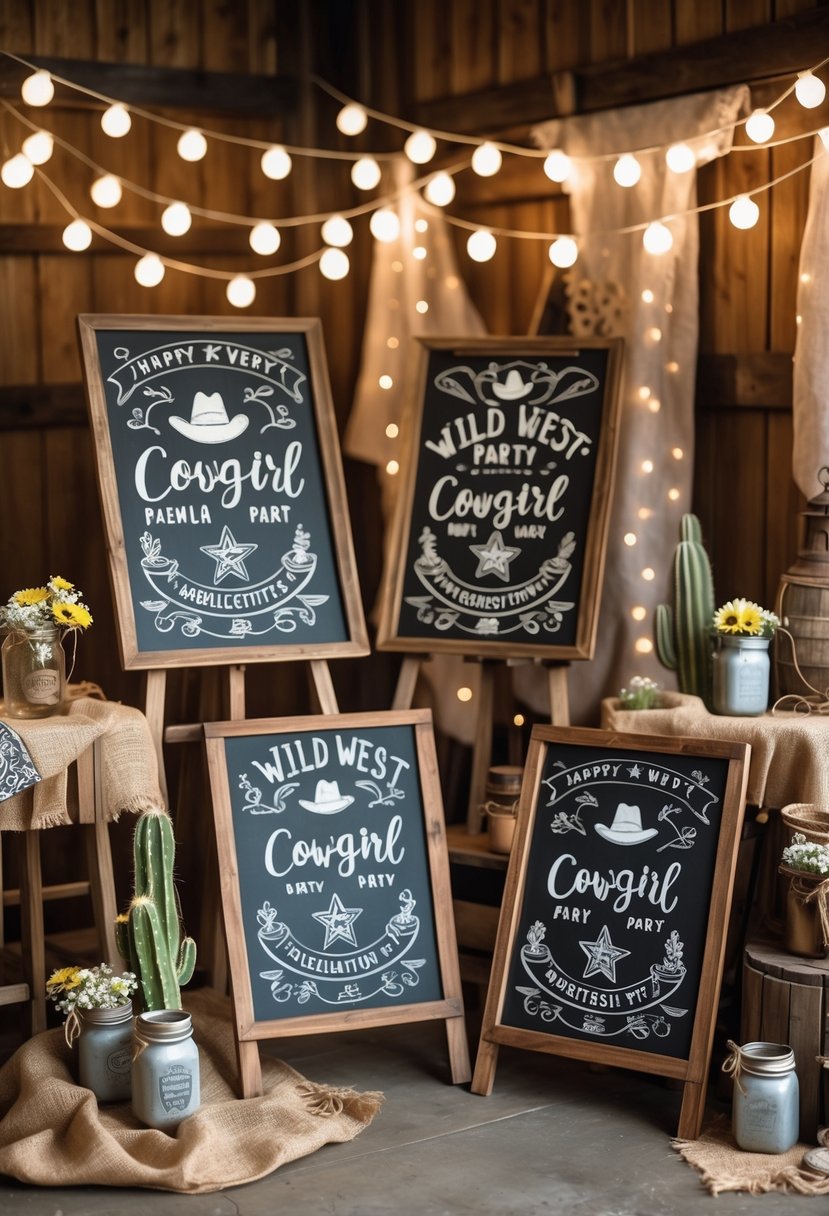 A rustic indoor party setup with chalkboard signs decorated with Wild West illustrations, surrounded by cowgirl-themed decorations like cowboy hats, horseshoes, and wildflowers.