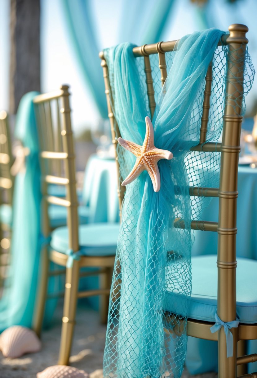 Chairs draped with blue fishnet fabric decorated with starfish clips as part of a mermaid-themed party setup.