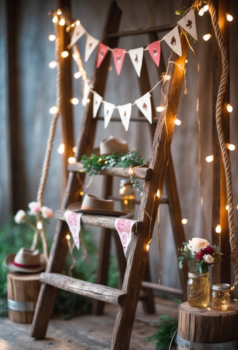 A decorated rope ladder backdrop with cowboy hats, string lights, and flowers for a bachelorette party.