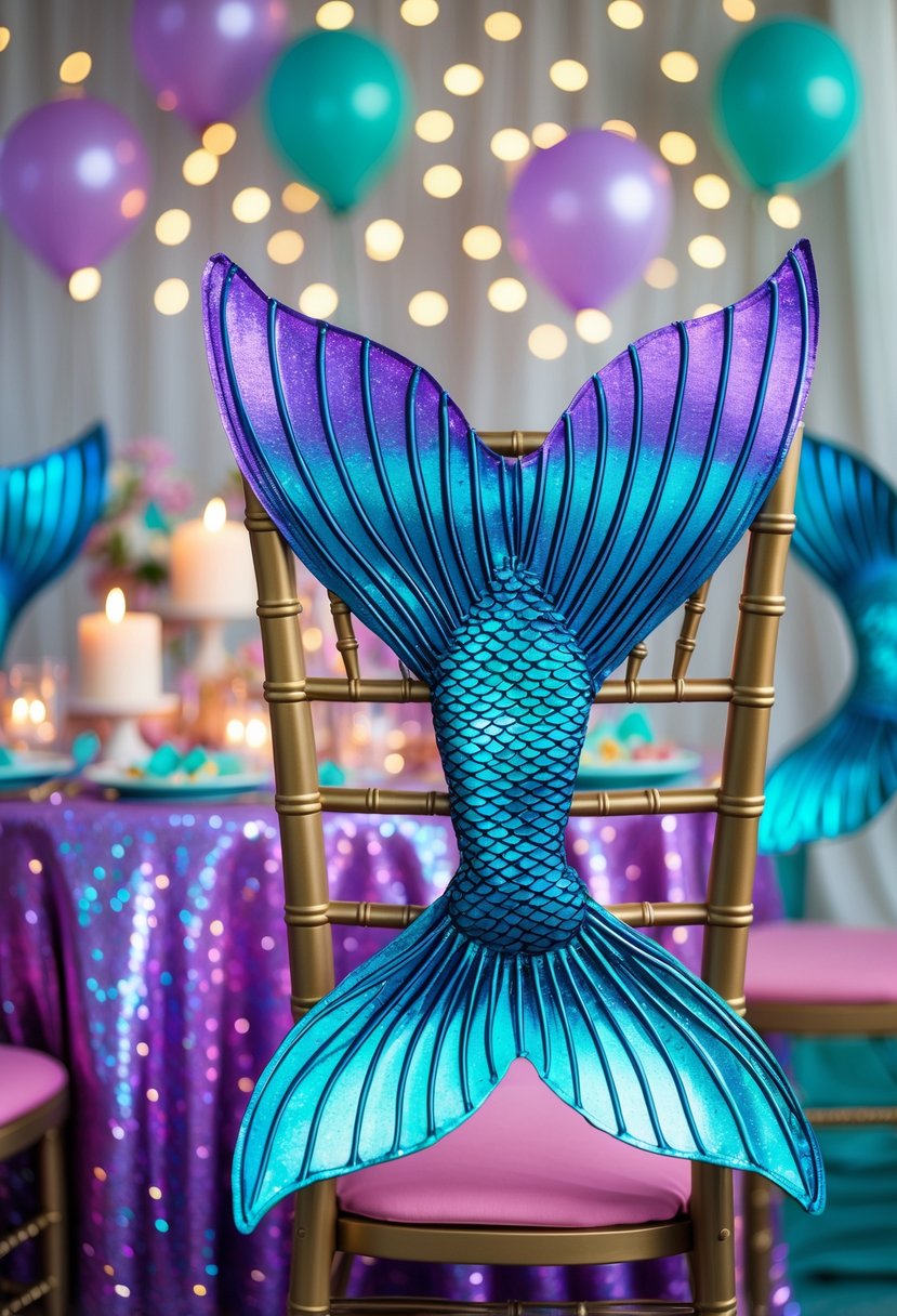 A bachelorette party scene with chairs decorated using colorful mermaid fin covers and festive ocean-themed decorations.