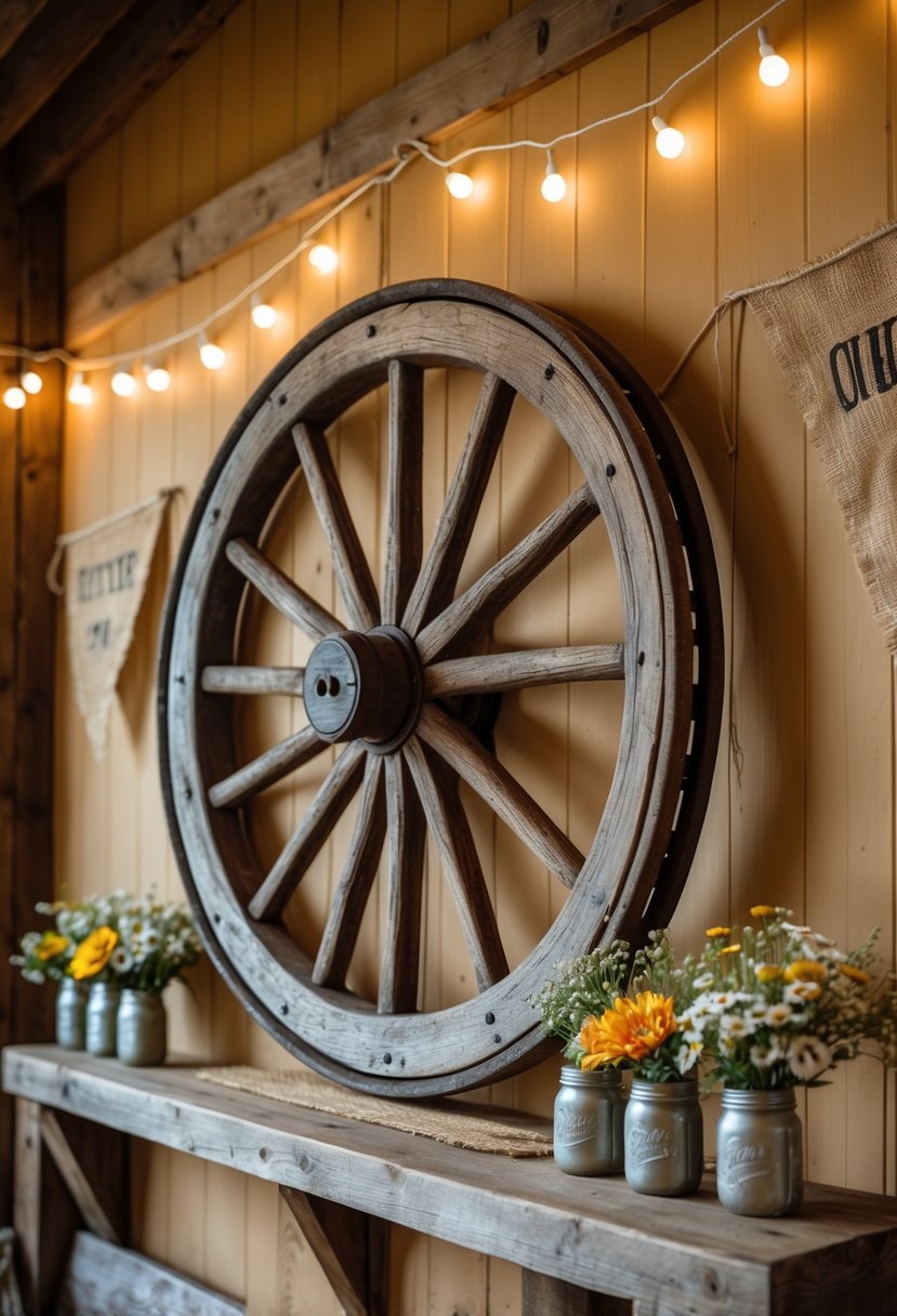 Rustic indoor wall decorated with a large vintage wagon wheel and festive cowgirl party decorations including string lights and wildflower arrangements.