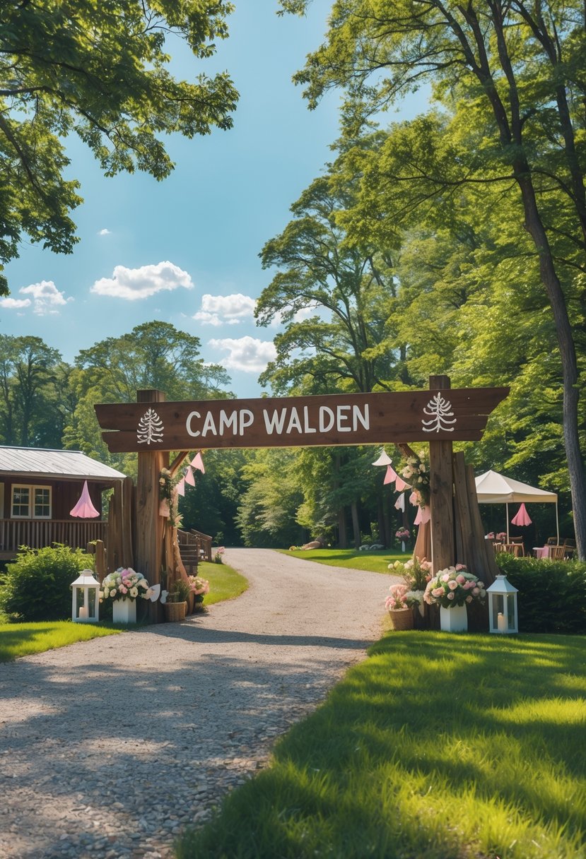 Entrance to a summer camp with a wooden sign surrounded by trees and festive decorations.