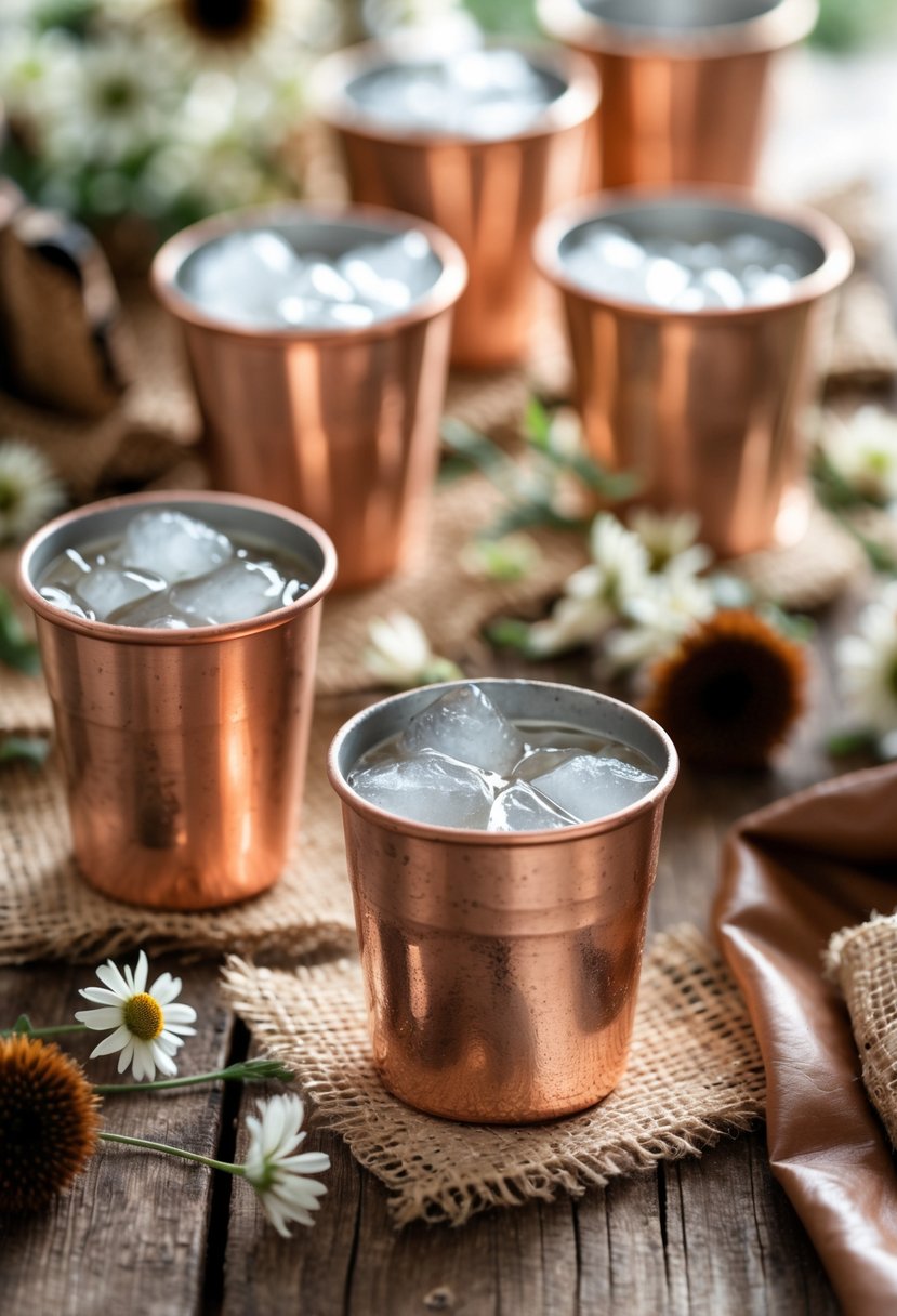 Copper tin cups arranged on a wooden table with rustic cowgirl-themed decorations around them.