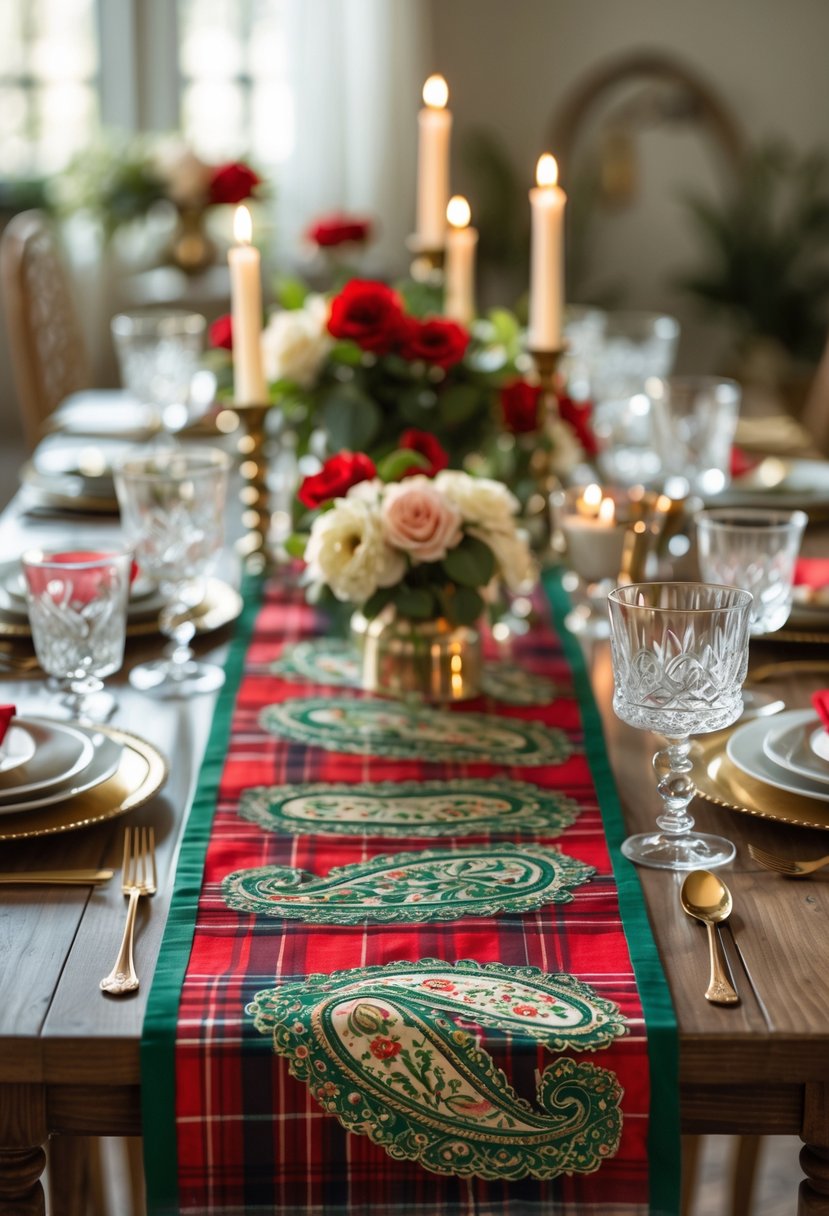 A table set with plaid and paisley table runners, decorated with flowers, candles, and glassware for a festive party.