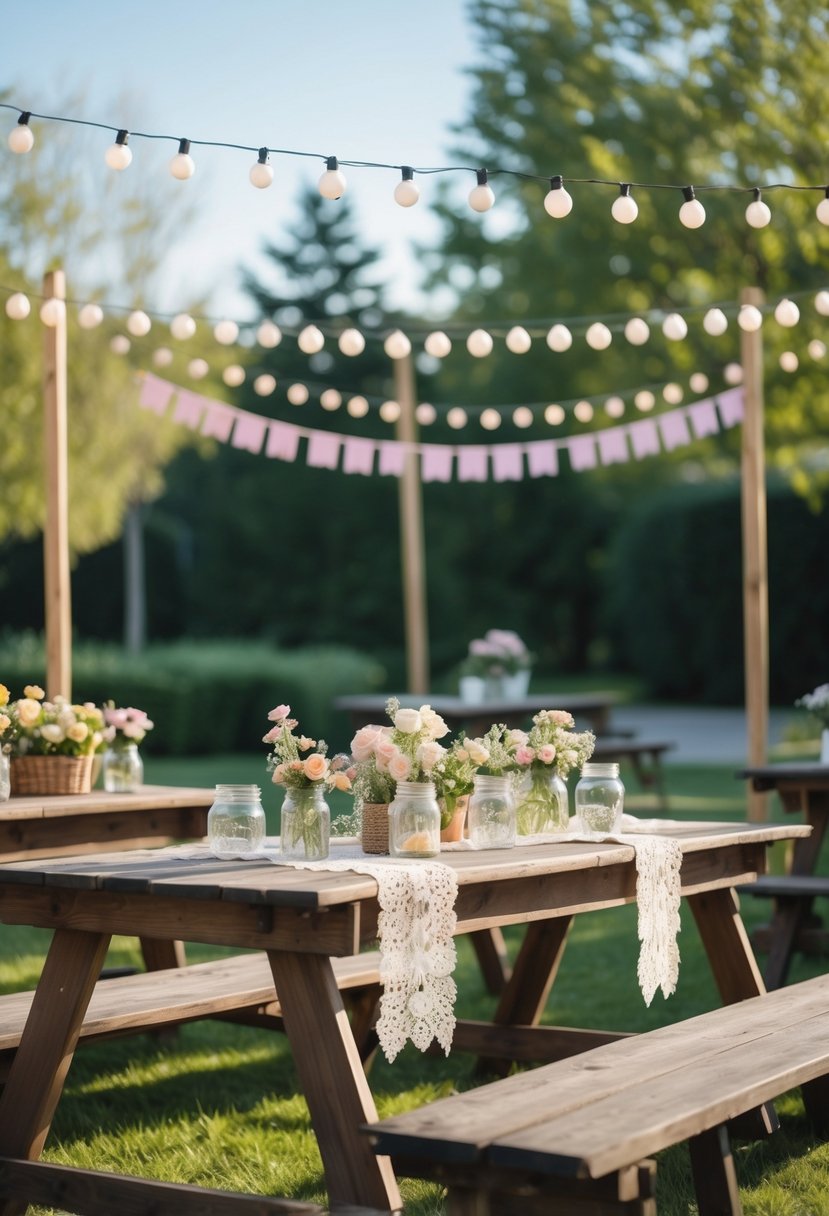 Outdoor vintage wooden picnic tables decorated with flowers and lights in a garden setting.