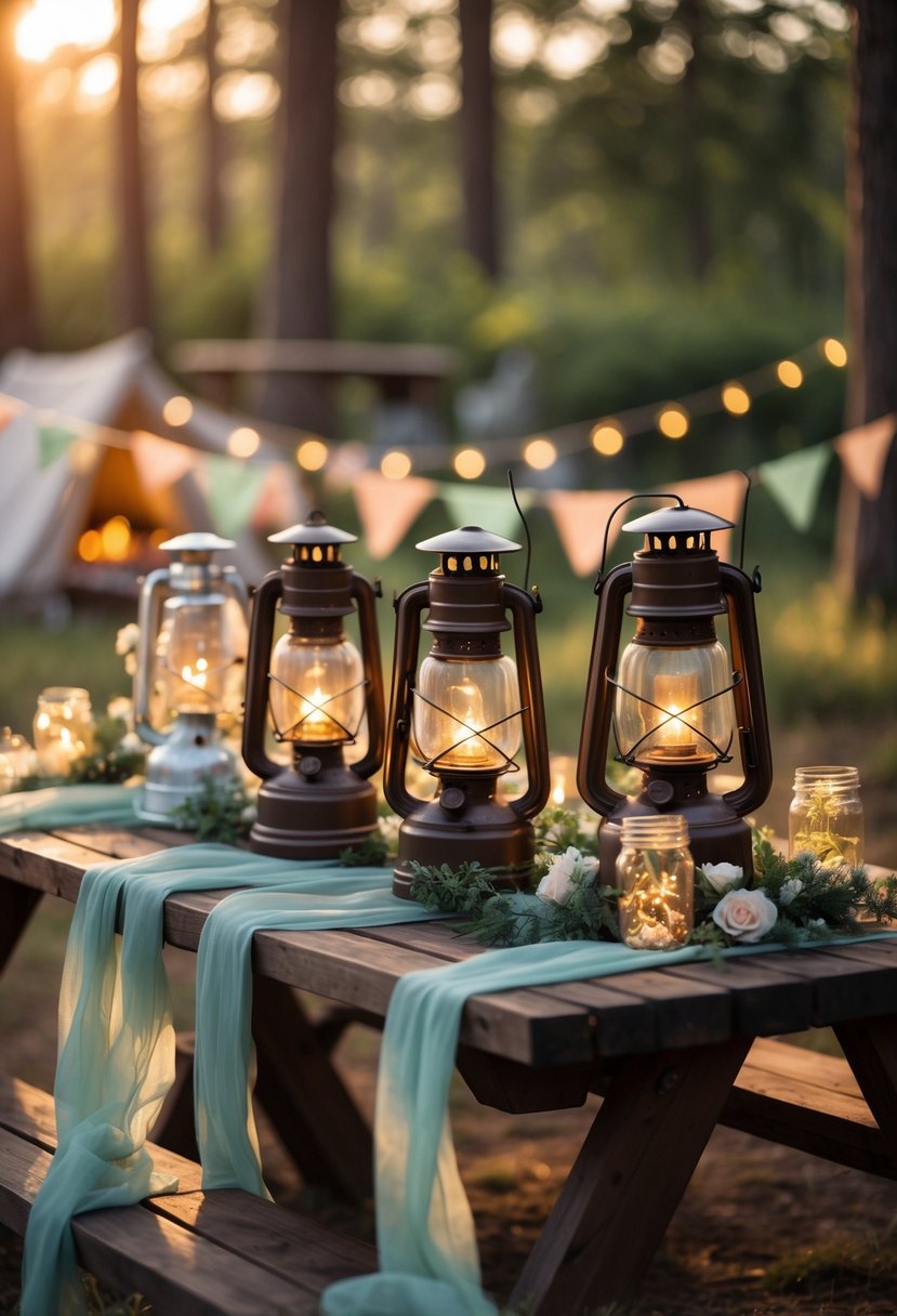 A wooden picnic table outdoors with vintage camping lanterns, floral decorations, and soft fairy lights, set in a forested campsite during sunset.