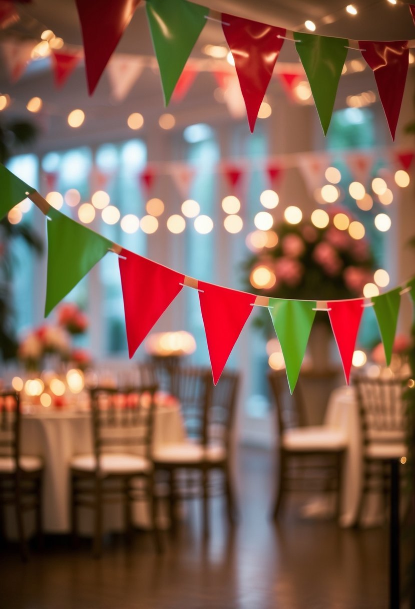 Red and green vinyl bunting hanging indoors with soft warm lighting and festive decorations in the background.