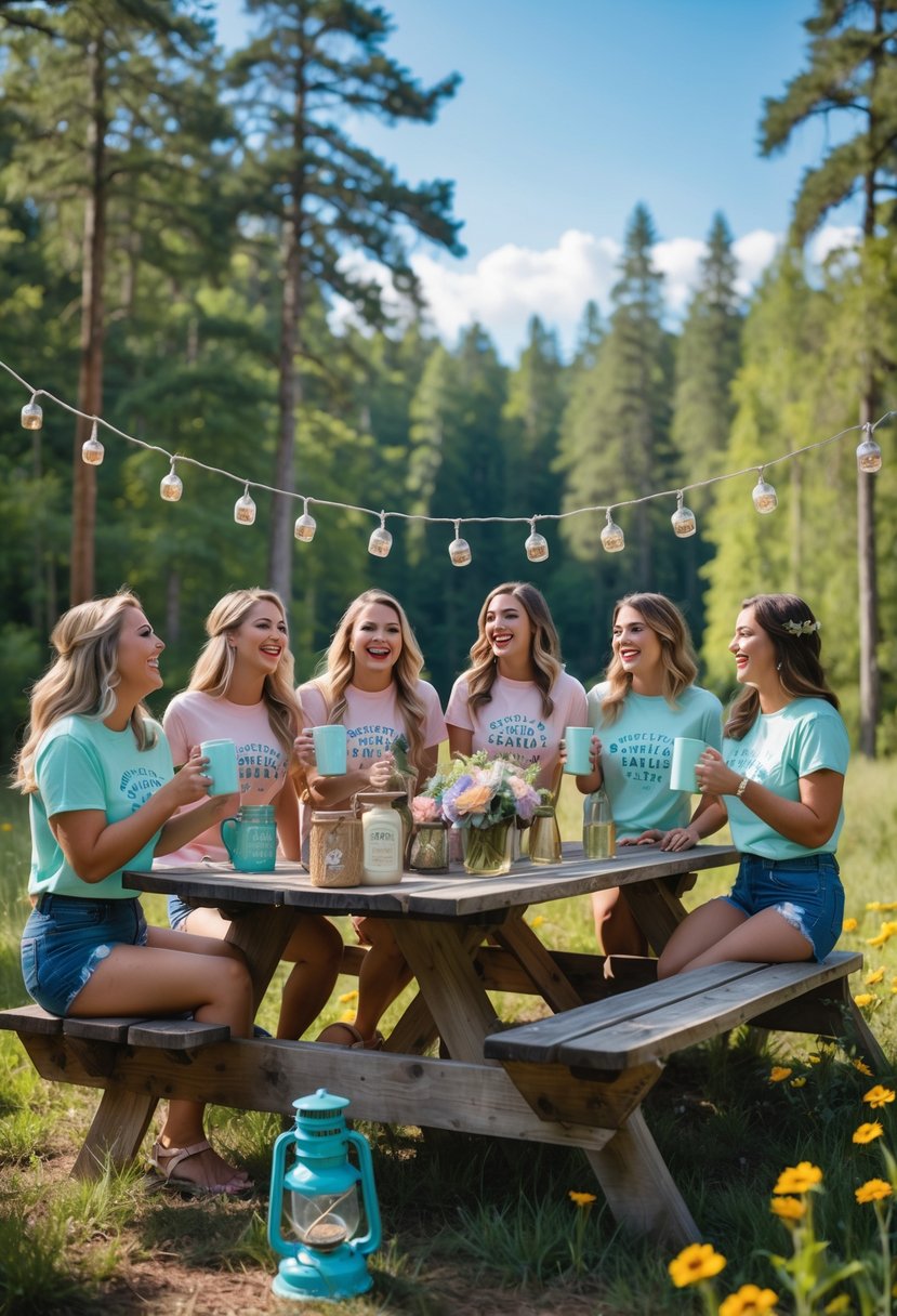 A group of women wearing matching camp-themed t-shirts celebrating a bachelorette party outdoors around a decorated picnic table in a forest.