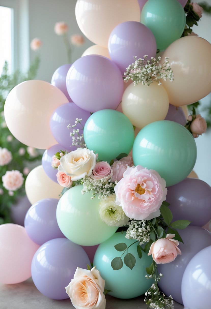 A pastel balloon garland decorated with fresh flowers displayed indoors for a spring celebration.