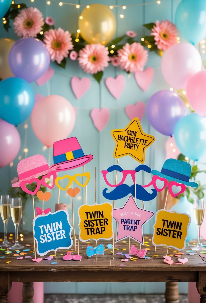 A table filled with colorful twin sister-themed photo booth props and party decorations including balloons, fairy lights, and floral garlands.