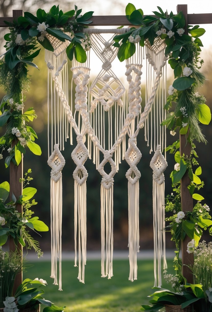 Macrame hanging backdrop decorated with green leaves and flowers outdoors.