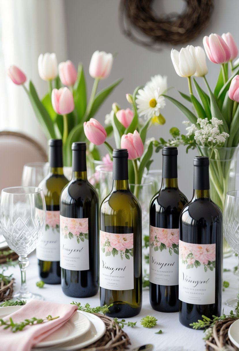 A table set with personalized wine bottle centerpieces surrounded by spring flowers and party decorations.