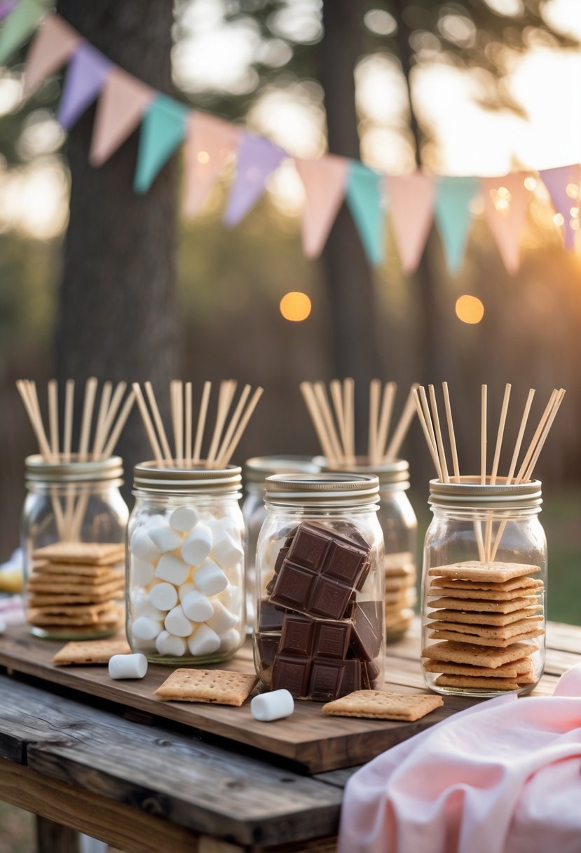 Mason jars filled with s'mores ingredients arranged on a wooden table outdoors with soft party decorations in the background.