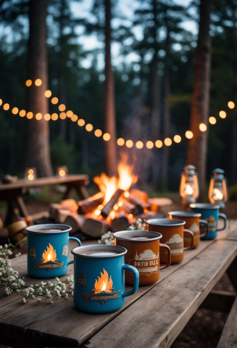 A cozy outdoor campfire scene with enamel mugs on a wooden table surrounded by floral garlands and string lights at dusk.