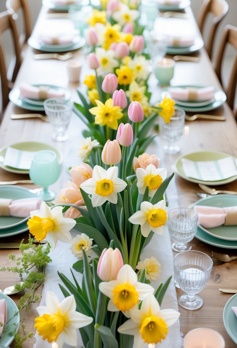 A long wooden table decorated with fresh tulip and daffodil flower runners, set for a spring celebration with plates, glassware, and candles.