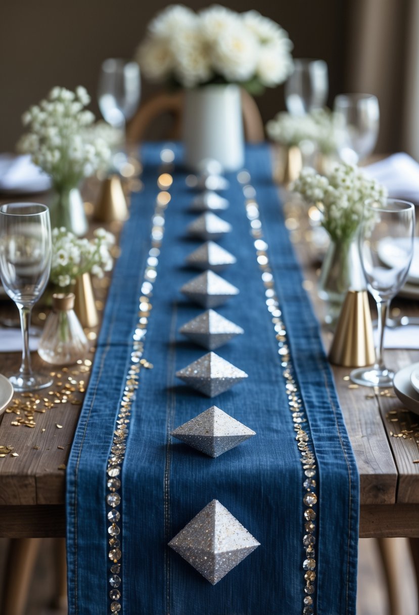 A wooden table decorated with denim runners featuring sparkling diamond-shaped accents, surrounded by flowers, glassware, and confetti.