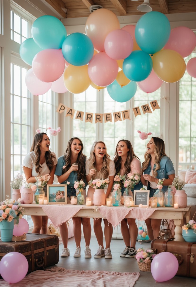 A group of women enjoying a decorated indoor bachelorette party with balloons, flowers, and rustic wooden accents.