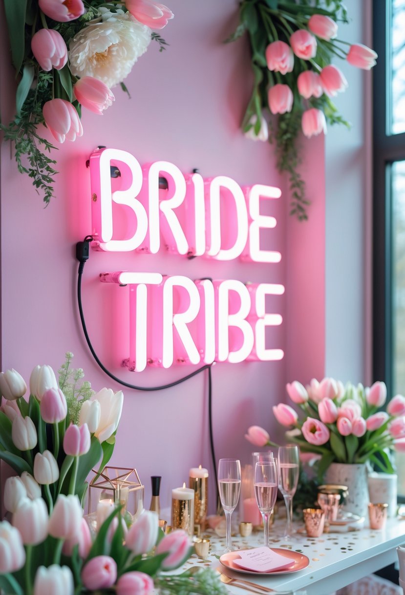 A decorated indoor space with a glowing neon sign, spring flowers, and elegant party decorations for a bachelorette celebration.