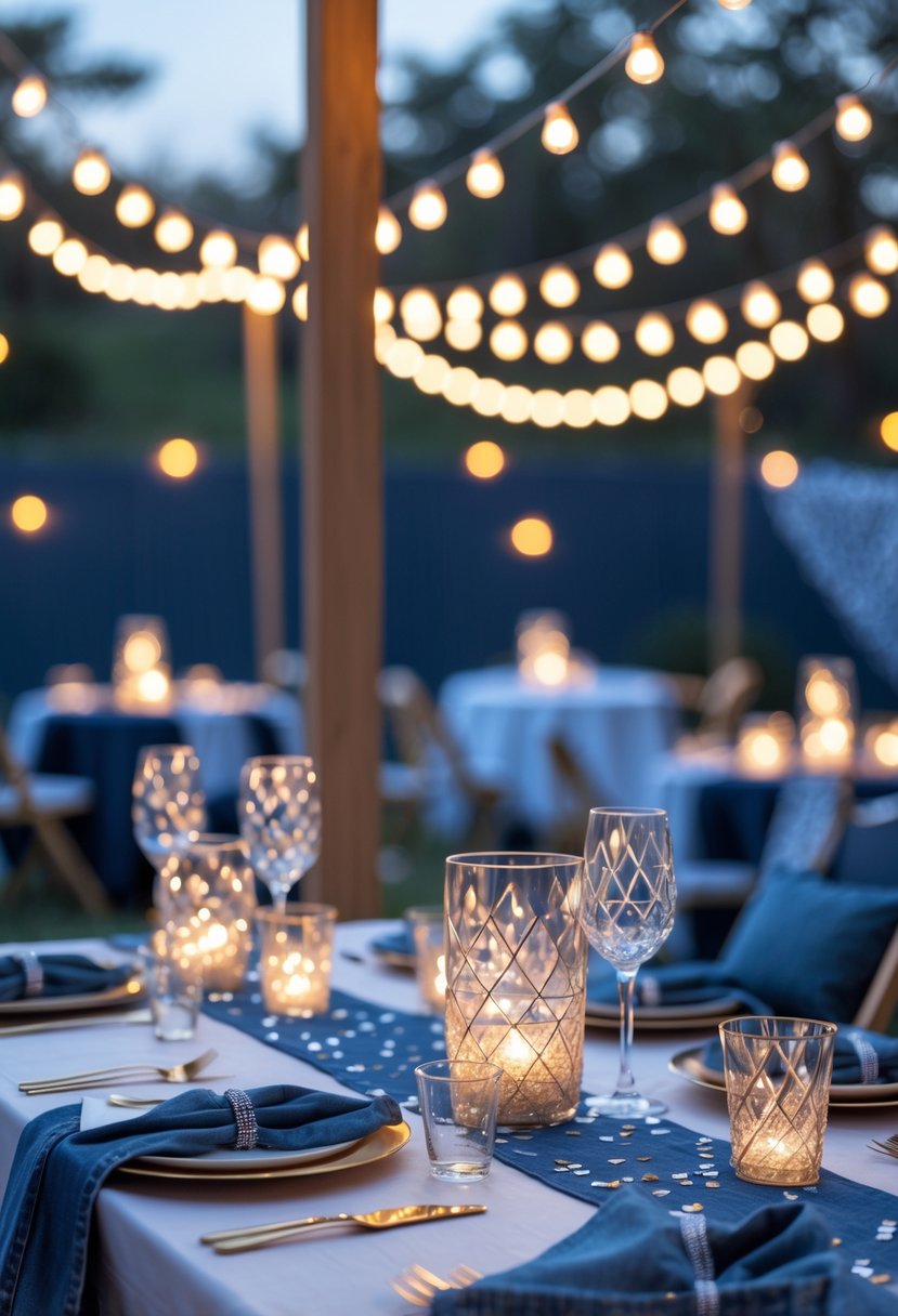 A festive party scene with diamond-shaped string lights hanging above tables decorated with denim accents and sparkling decorations.