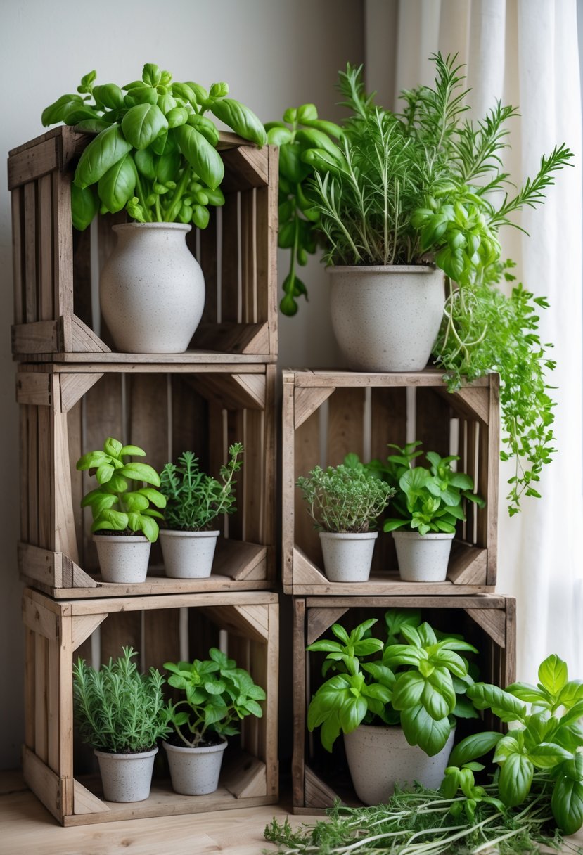 Rustic wooden crates arranged with potted fresh green herbs on display.