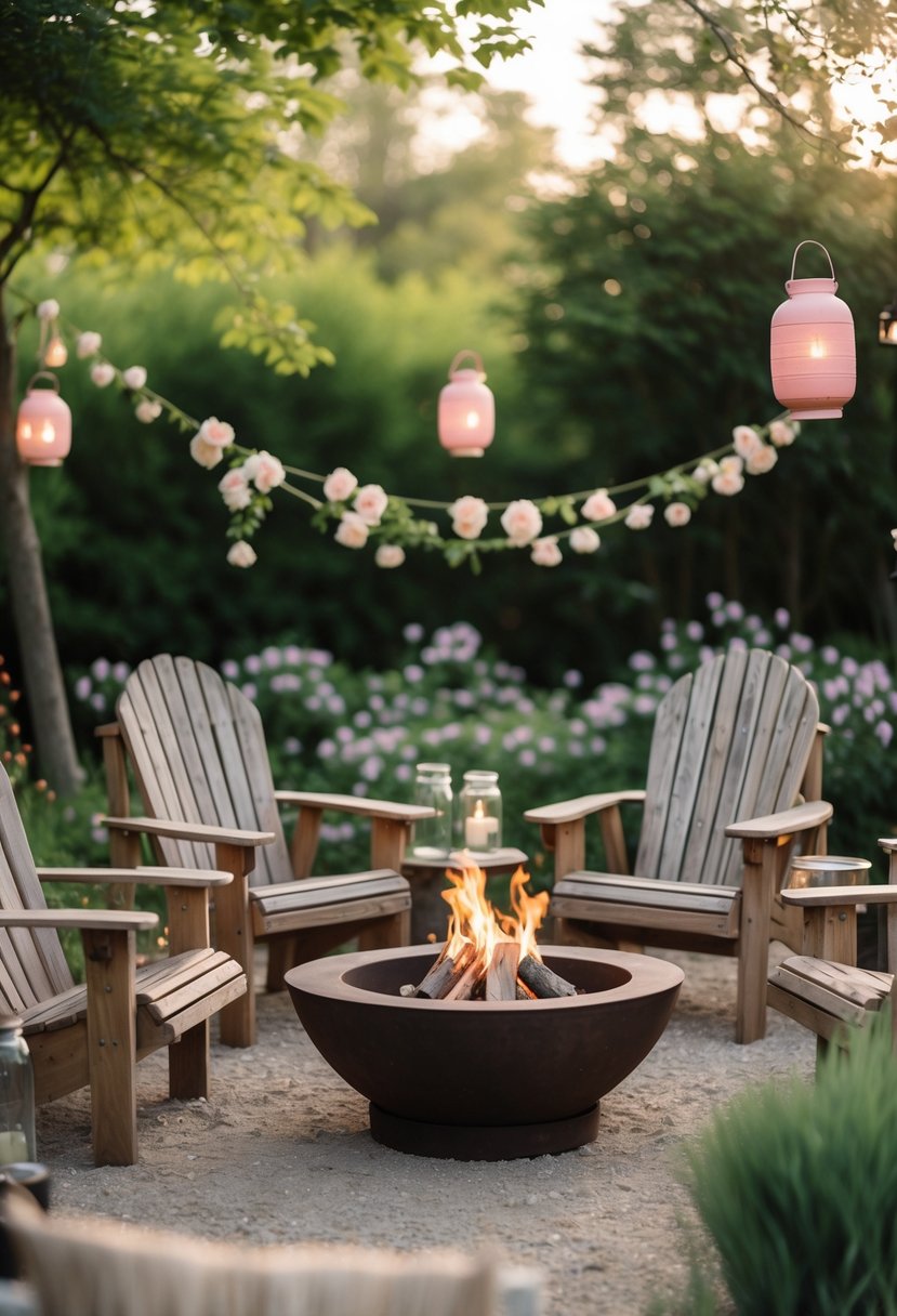 Outdoor scene with rustic wooden Adirondack chairs around a fire pit decorated with floral garlands and lanterns in a garden setting.