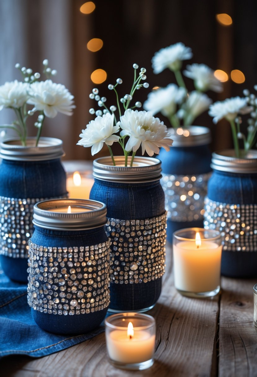 Mason jars wrapped in denim and decorated with rhinestones, some holding flowers and candles, arranged on a wooden table.