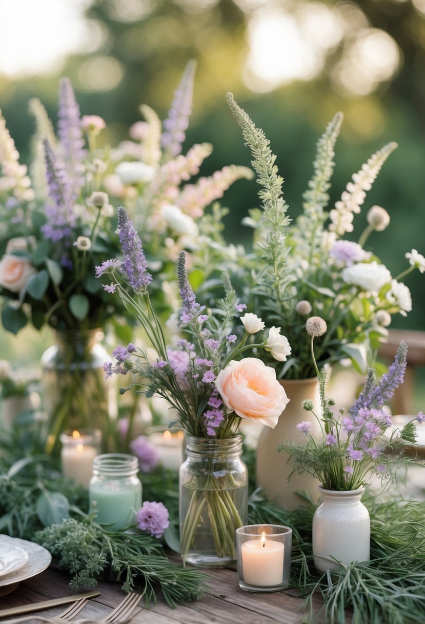 A table with wildflower and greenery centerpieces in glass jars and vases, surrounded by candles in an outdoor garden setting.