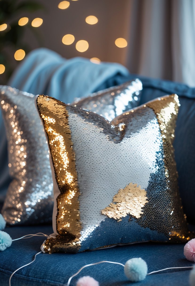 Close-up of sequin pillow covers with denim backing arranged on a cozy seating area with soft lighting.