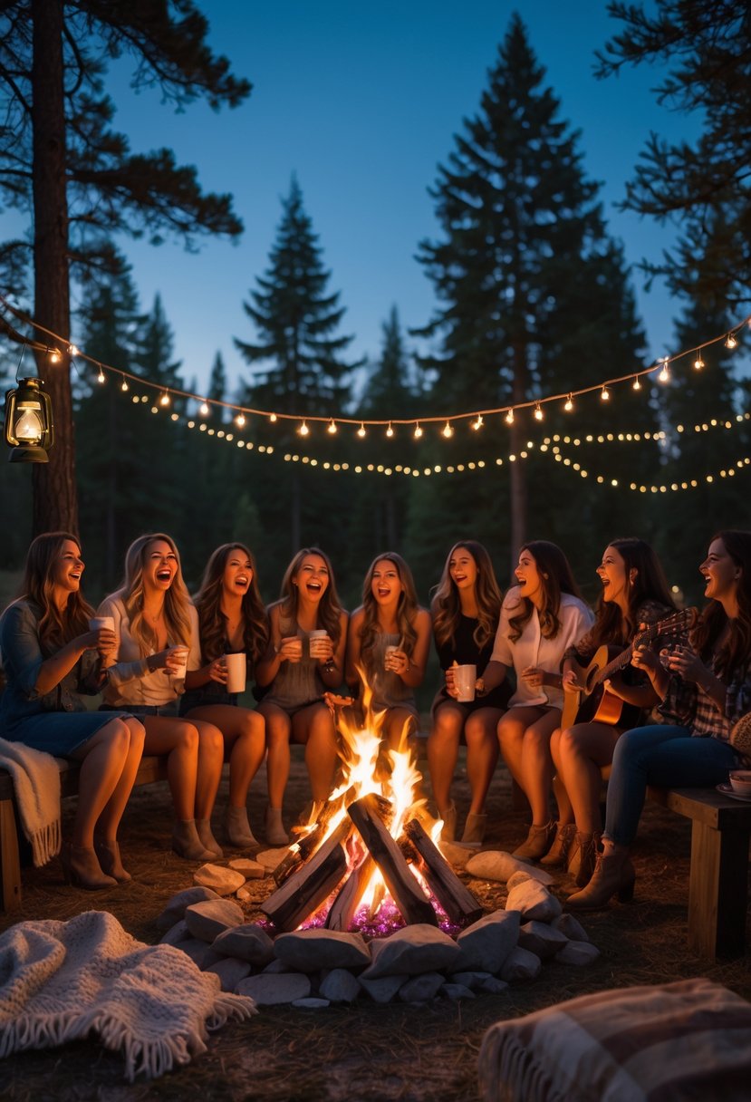 A group of women gathered around a campfire outdoors at dusk, enjoying a bachelorette party with rustic decorations and musical instruments.