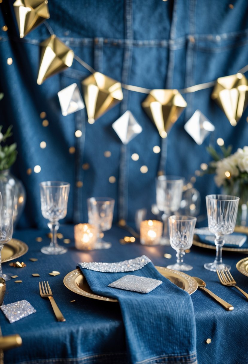 A bachelorette party table decorated with denim fabric, diamond-shaped foil accents, sparkling confetti, and elegant glassware.
