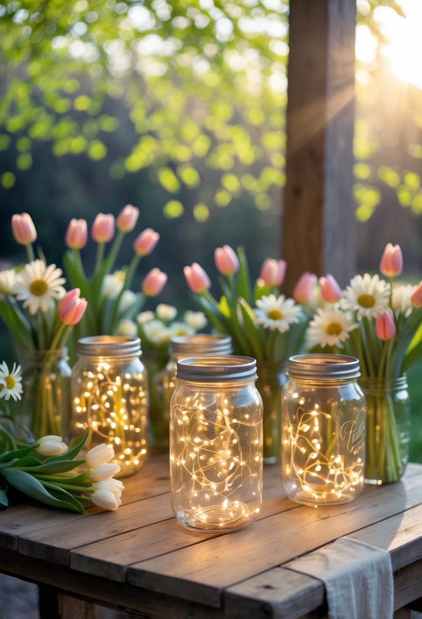Mason jars with glowing fairy lights arranged on a wooden table surrounded by spring flowers outdoors.