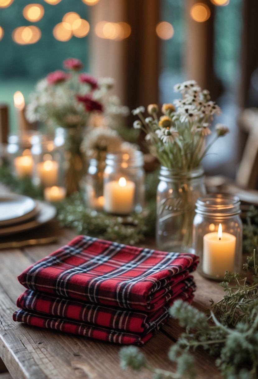 A rustic wooden table set with red and black plaid flannel napkins, wildflowers in mason jars, candles, and greenery in a cozy indoor setting.
