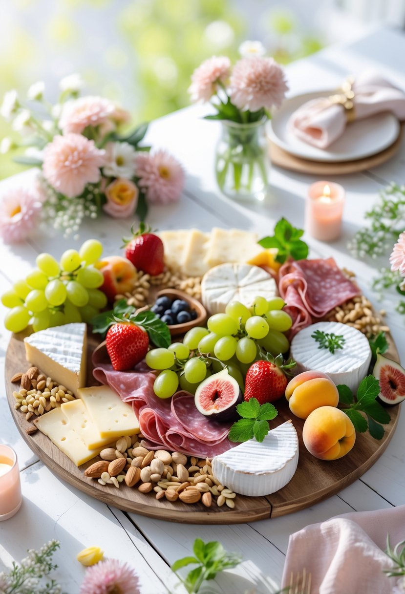 A wooden charcuterie board with assorted cheeses, cured meats, and fresh spring fruits arranged on a table with flowers and candles.