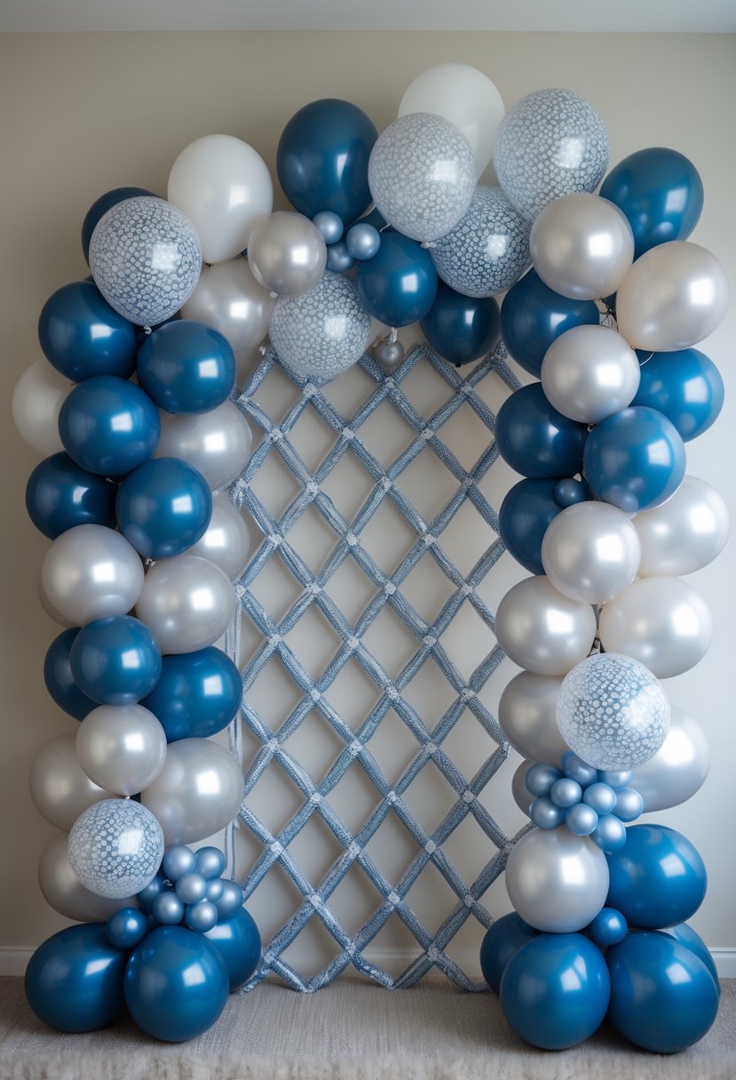 A balloon arch with white and silver balloons arranged in a diamond pattern, decorated with blue denim ribbons.