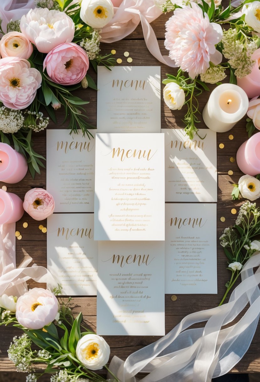 A flat lay of hand-lettered menu cards surrounded by spring flowers, candles, greenery, and decorative ribbons on a wooden table.