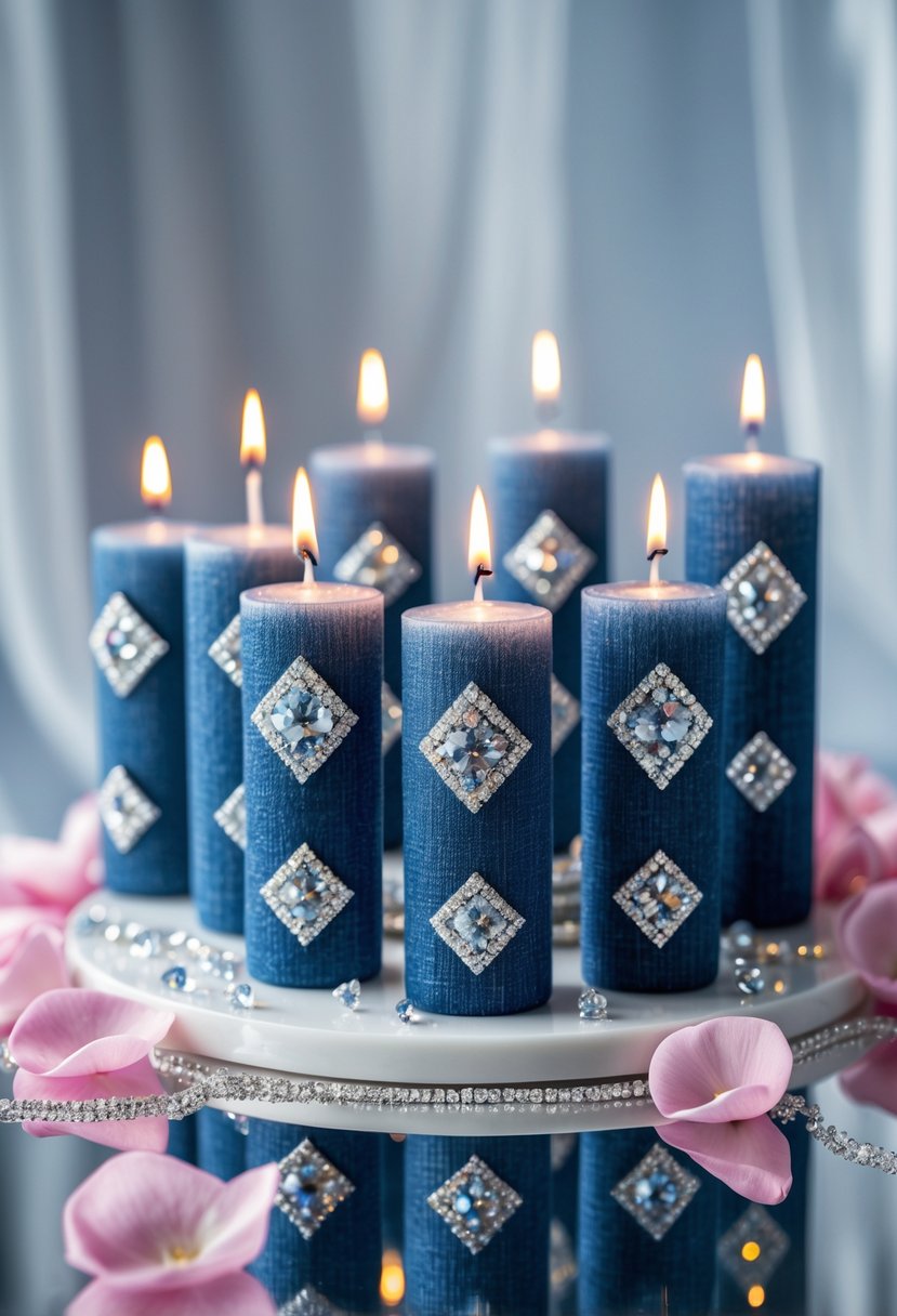 A group of candles covered in blue denim fabric with sparkling diamond decorations, arranged with rose petals and silver confetti on a white surface.