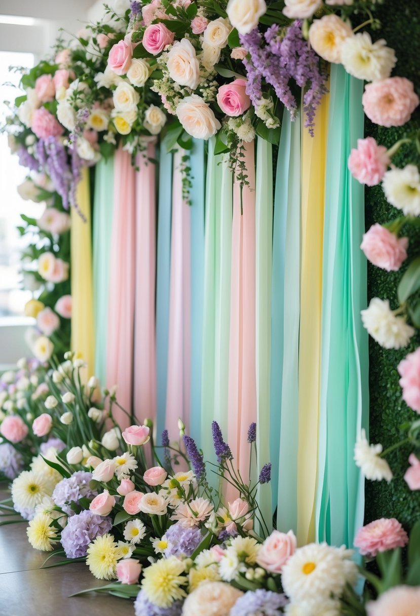 A floral wall decorated with pastel-colored streamers in soft spring colors.