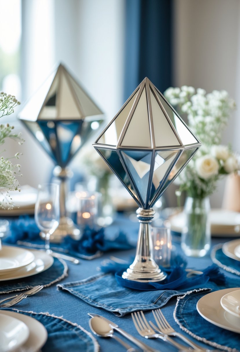 A table set with mirrored diamond-shaped centerpieces on blue denim placemats, decorated with white flowers and glassware.
