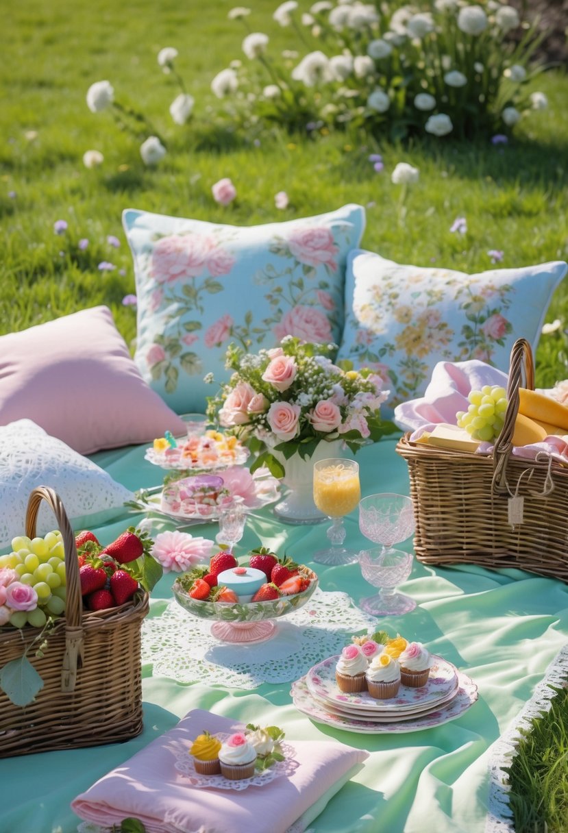 A picnic blanket spread on grass with cushions, wicker baskets, flowers, fruits, and snacks arranged outdoors in a garden setting.