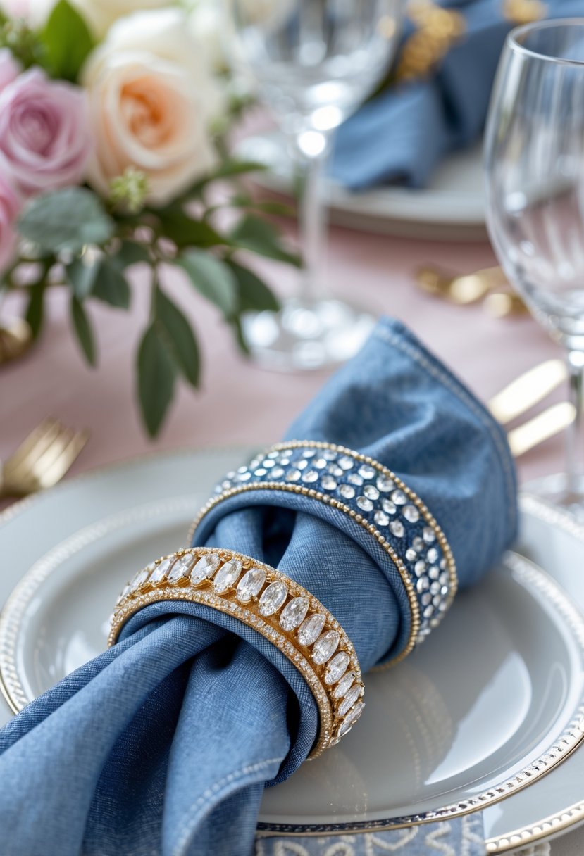 Close-up of denim napkin rings with crystal accents wrapped around white napkins on a decorated table.