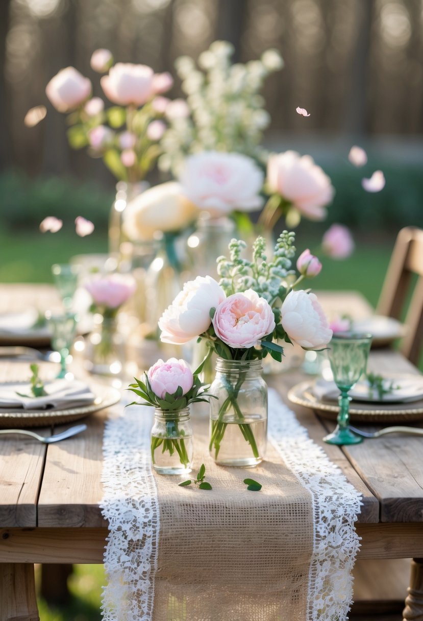A wooden table decorated with burlap table runners trimmed with white lace, fresh pastel flowers in glass vases, and candles in an outdoor spring setting.