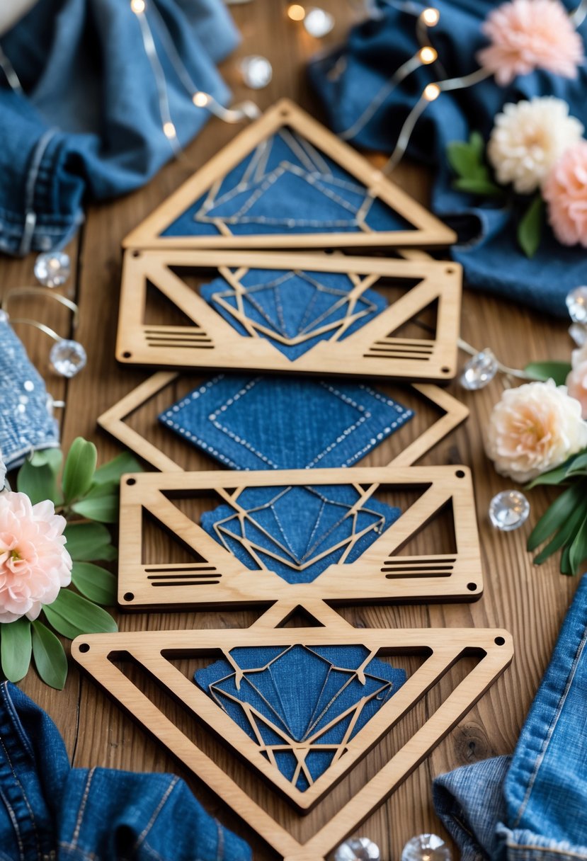 Laser-cut wooden signs with denim and diamond designs displayed on a wooden table surrounded by denim fabric, sparkling decorations, and floral accents.